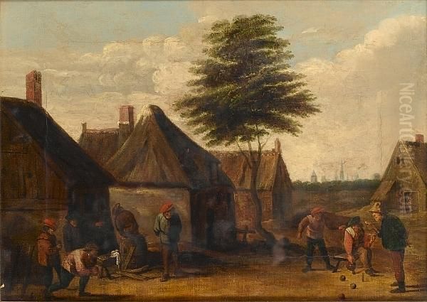 Peasants Playing Bowls In A Village Street Oil Painting by David The Younger Teniers