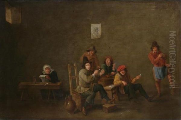 Peasants Smoking Pipes And Drinking In An Interior Oil Painting by David The Younger Teniers