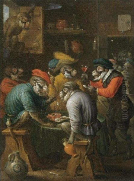 A Singerie Scene With Monkeys Drinking And Smoking In A Tavern Interior Oil Painting by David The Younger Teniers