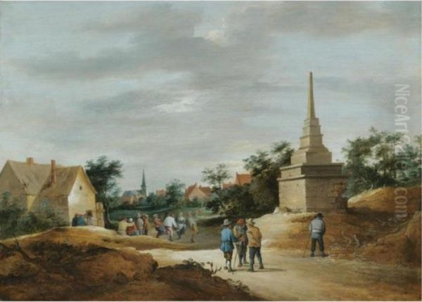 A Village Scene With Boors 
Conversing In The Foreground And Figures Dancing In The Background Oil Painting by David The Younger Teniers