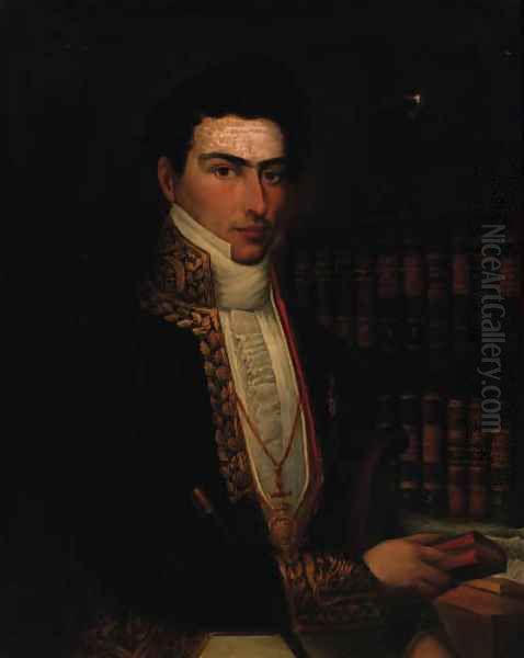 Portrait of a gentleman, seated half-length, in a tunic, holding a book in his left hand, a bookcase beyond Oil Painting by Spanish School