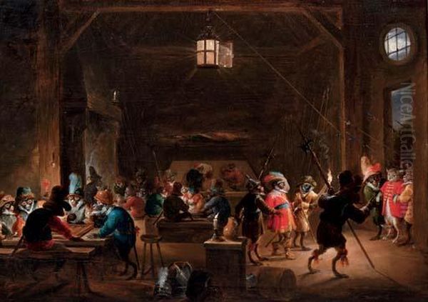 Guardroom With Monkeys Oil Painting by David The Younger Teniers