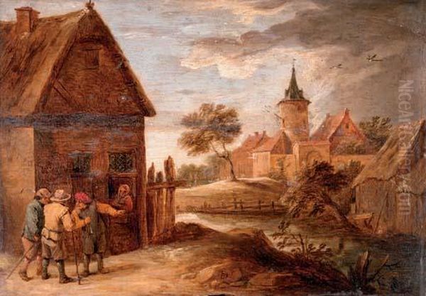 Figures Outside A Cottage, A Town Beyond Oil Painting by David The Younger Teniers