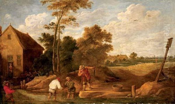 Figures Fishing In A Stream By A Cottage Oil Painting by David The Younger Teniers