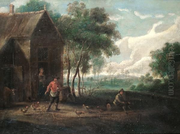 A Farmyard Scene With Chickens And A Cowbears Signature 'wm Collins' (lower Left) Oil Painting by David The Younger Teniers