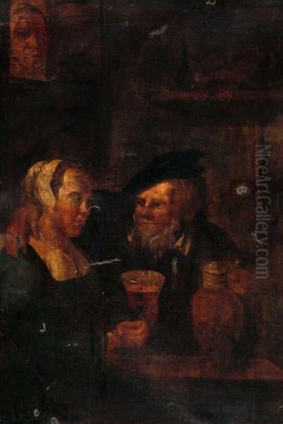 Tavern Interior With Serving Wench And Toper At A Table, As A Hag Looks On Oil Painting by David The Younger Teniers