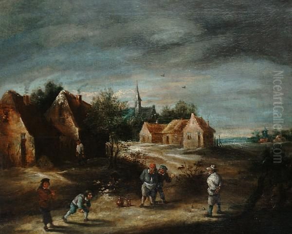 A Country Village With Peasants Playing Bowls Oil Painting by David The Younger Teniers