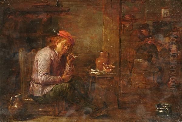 A Tavern Interior With A Young Man Seated Smoking A Pipe, Figures Playing Cards Beyond. Oil Painting by David The Younger Teniers