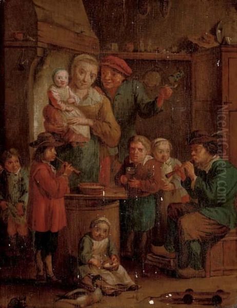 A Family In A Kitchen Interior With Two Musicians Oil Painting by David The Younger Teniers