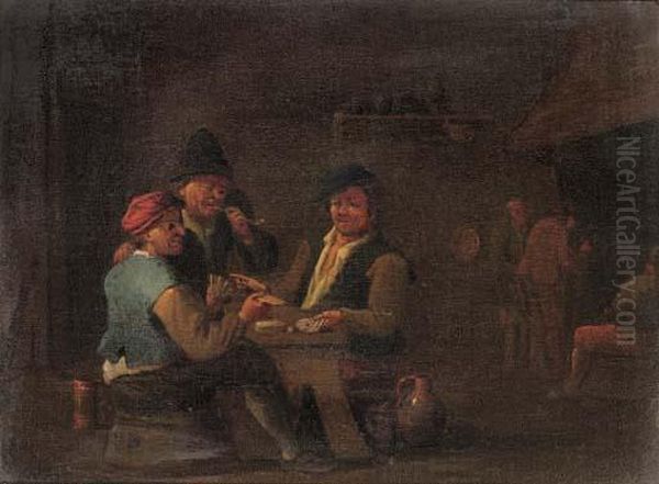 Peasants Playing Cards In An Inn Oil Painting by David The Younger Teniers