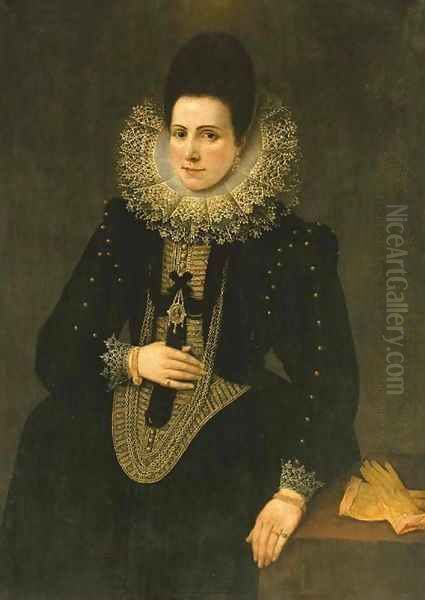 Portrait of a lady, three-quarter length, in a black dress with an elaborate lace collar Oil Painting by Spanish School