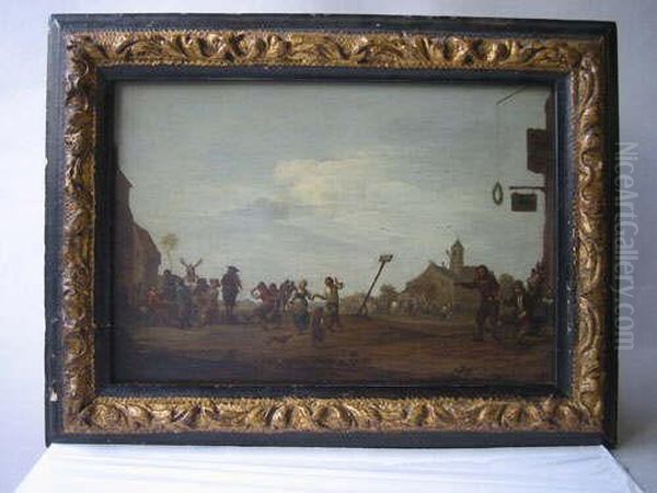 Flemish A Village Kermesse Or 
Fete Oil On Oak Panel Bears Old Wax Seal To Reverse 19.5 X 28.5 Cms 
Illustrated Oil Painting by David The Younger Teniers