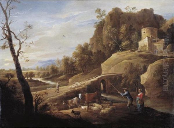 Landscape With A Shepherd And Shepherdess And Their Flock Along A Path Oil Painting by David The Younger Teniers