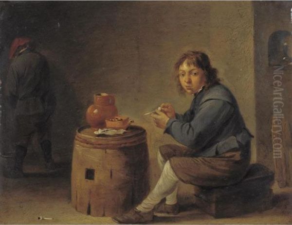 A Young Man Seated Filling His Pipe Oil Painting by David The Younger Teniers