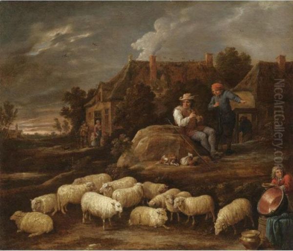 A Pastoral Village Landscape 
With A Shepherd Resting His Flock, A Boy Collecting Water In The 
Foreground Oil Painting by David The Younger Teniers