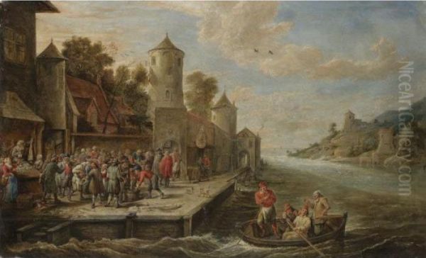 A Quay On A River Estuary With A Fishmarket Oil Painting by David The Younger Teniers