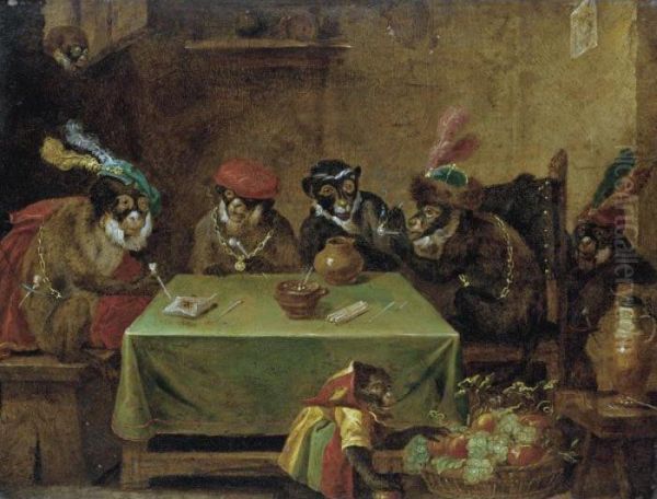 A Singerie With Monkeys Smoking At A Table And A Jester Below Oil Painting by David The Younger Teniers