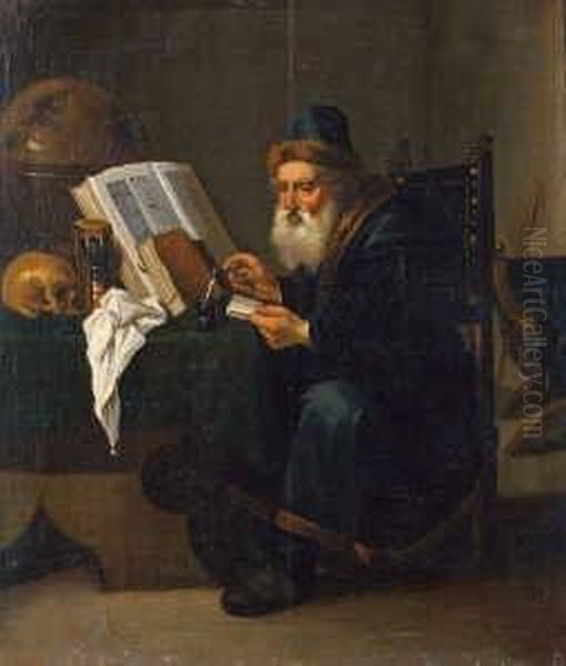 Schreibender Gelehrter An Einem Tisch
Mit Folianten, Einem Totenkopf Und Einer
 Sanduhr. Oil Painting by David The Younger Teniers