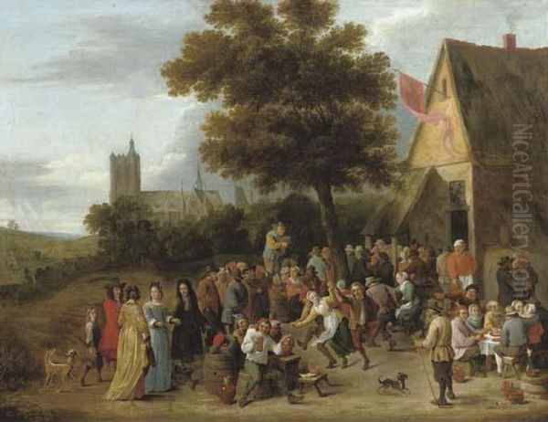 A Peasant Feast Before An Inn, The Church Of Sainte-gudule, Brussels Beyond Oil Painting by David The Younger Teniers