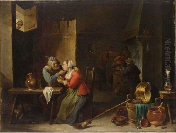 An Interior Of An Inn With An 
Amorous Couple At A Table, And Figures Smoking Near A Fireplace In The 
Background, A Woman Watching From A Window Above Oil Painting by David The Younger Teniers