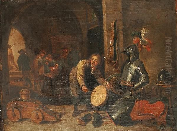 An Interior With A Young Boy Playing A Drum, A Still Life Of Armour In The Foreground. Oil Painting by David The Younger Teniers