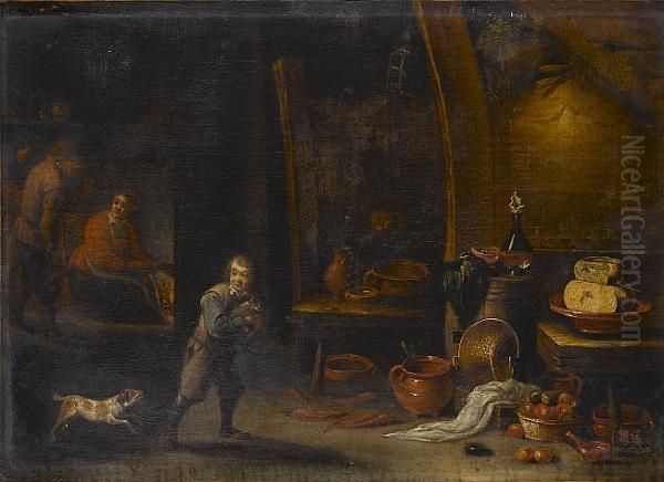 A Kitchen Interior With A Boy 
Holding A Cat In The Foreground, A Maid Cooking Beside A Fire And Other
 Figures Beyond Oil Painting by David The Younger Teniers