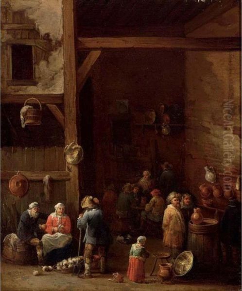 An Interior Of An Inn With A 
Woman Cleaning Turnips, A Little Girl Standing Near An Earthenware Pot 
And A Copper Bowl And Peasants Drinking In The Background Oil Painting by David The Younger Teniers