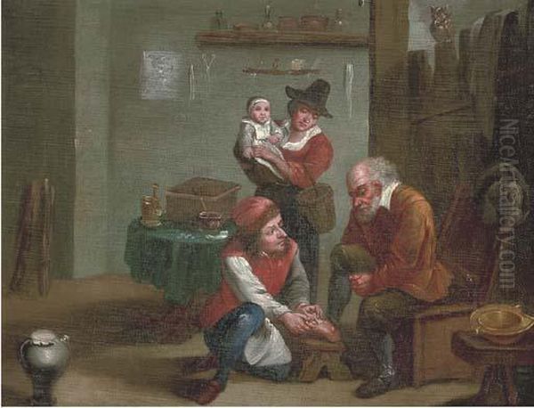 A Chiropodist Treating A Man's Foot Oil Painting by David The Younger Teniers