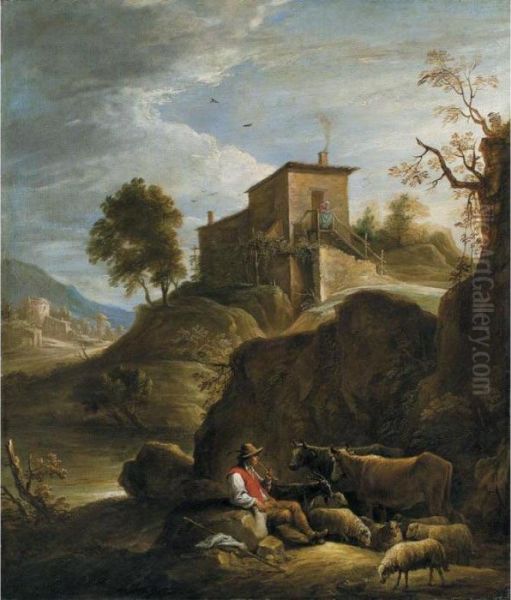 Pastoral Landscape With A 
Herdsman Playing A Pipe Near A Waterfall Oil Painting by David The Younger Teniers