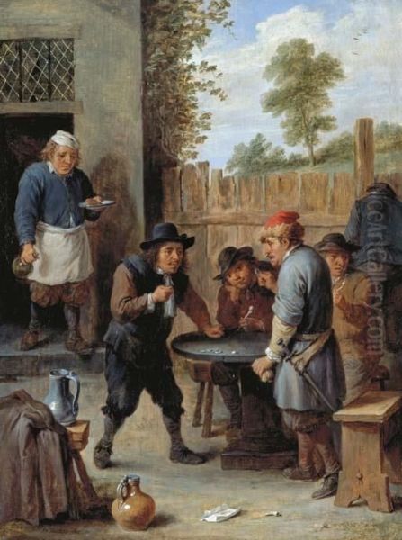 Peasants Playing Dice Outside An Inn Oil Painting by David The Younger Teniers