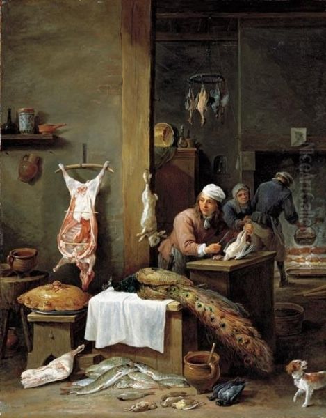 Le Cuisinier Flamand: A Kitchen Interior With A Cook Preparing Game At A Table Oil Painting by David The Younger Teniers