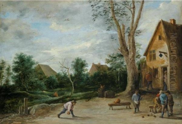 Village Scene With Four Peasants
 Playing Bowls Before A Tavern Two Cottages 
Beyond Oil Painting by David The Younger Teniers