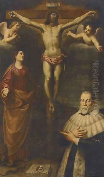 The Crucifixion with a male donor Oil Painting by Spanish School