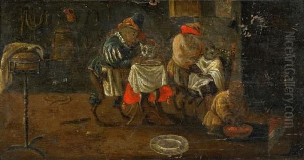 Hos Kattfrisoren Oil Painting by David The Younger Teniers