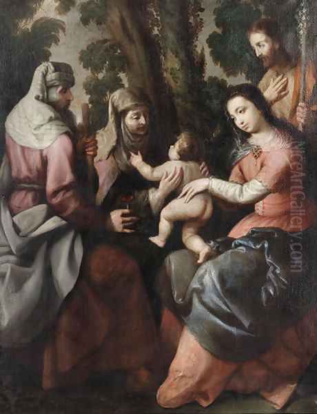 The Holy Family with Saints Anne and Joachim Oil Painting by Spanish School