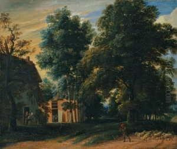 Und Arthois, Jacques D' 
Pastorale Landschaft Mit Flotespielendem Hirten Vor Bauernhausern. Ol 
Auf Leinwand . H 45,7; B 54,7 Cm. Gutachten M. Klinge. Provenienz: Slg. 
Pie Oil Painting by David The Younger Teniers