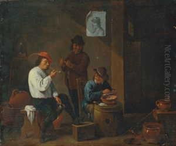 Werkstatt Interieur Mit Drei Mannern In Der Schanke. Ol Auf Leinwand. H 35,5; B 42,5 Cm Oil Painting by David The Younger Teniers