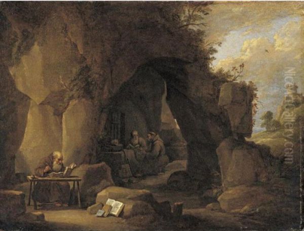 Hermits Writing In A Rocky Landscape Oil Painting by David The Younger Teniers