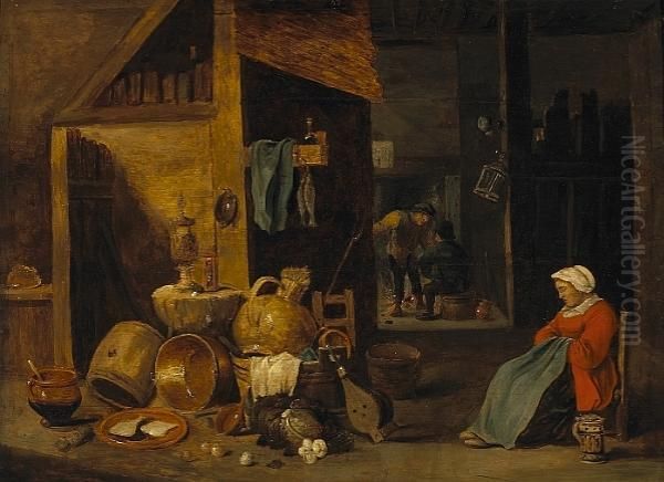 An Interior Scene With Figures By A Fire And A Lady Seated In The Foreground Oil Painting by David The Younger Teniers