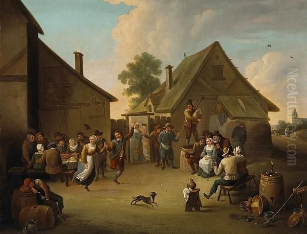 Villagers Dancing And Frolicking Outside An Inn Oil Painting by David The Younger Teniers