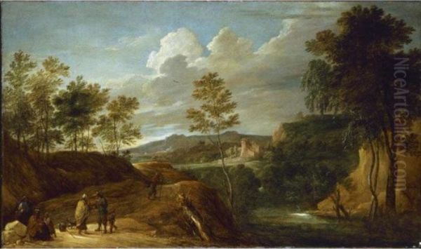 A Hilly Landscape With Gypsies And A Fortune Teller On A Rocky Road Oil Painting by David The Younger Teniers