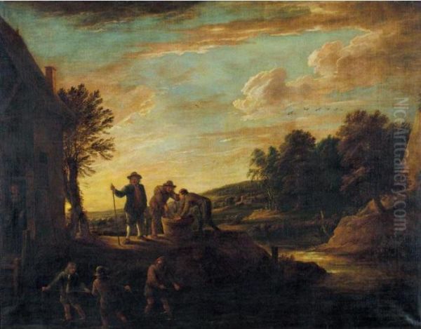 An Extensive Landscape With Fishermen In A River And Others Salting Fish On The Bank Oil Painting by David The Younger Teniers