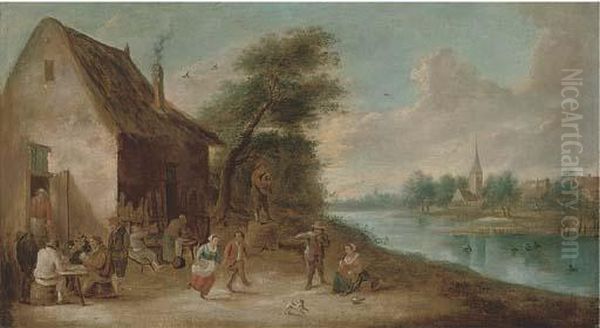 A River Landscape With Peasants Drinking And Merrymaking Outisde A Tavern Oil Painting by David The Younger Teniers