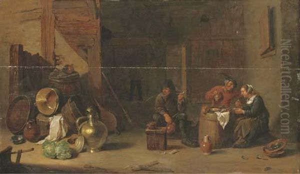 Amorous Peasants Eating Oysters And Another Peasant Smoking A Pipe In A Barn Oil Painting by David The Younger Teniers