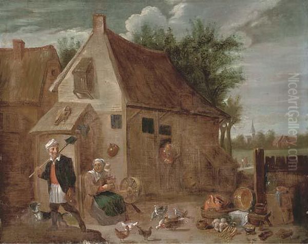 Peasants In A Farmyard With Chickens And A Cockeral Oil Painting by David The Younger Teniers