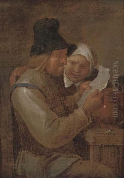 A Peasant Couple Reading A Letter In An Interior Oil Painting by David The Younger Teniers