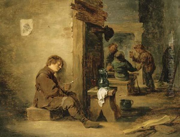 Peasants Smoking And Drinking In A Tavern Oil Painting by David The Younger Teniers