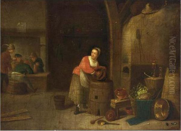 An Interior Of An Inn With A 
Maid Cleaning Pots, A Still Life With Pots, Pans And Cabbages In The 
Foreground, Peasants Drinking In The Background Oil Painting by David The Younger Teniers