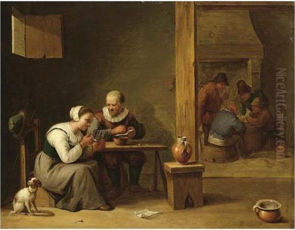 A Couple Smoking In An Inn, 
Other Peasants Playing Cards In The Background Near A Fireplace Oil Painting by David The Younger Teniers