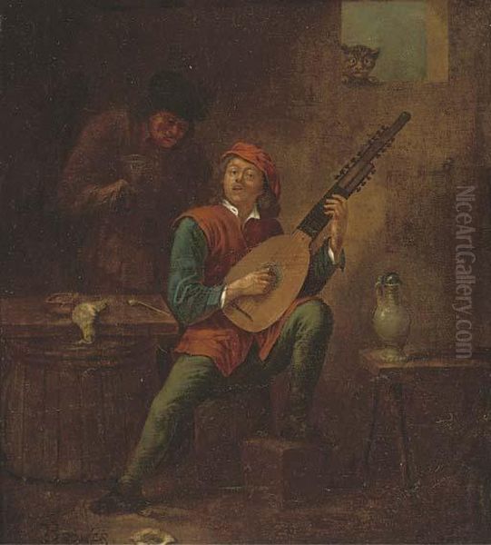 A Man Playing A Lute In An Interior Oil Painting by David The Younger Teniers